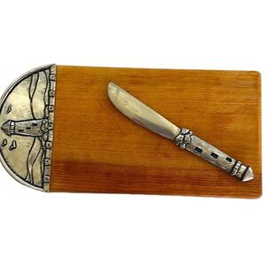 Cheeseboard with Cheese Knife Pewter Lighthouse and Seagull Design 9.75"x 4.75"